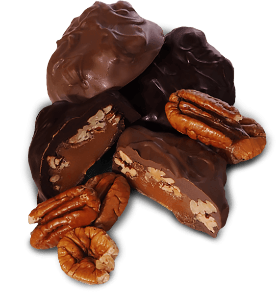 Chocolate covered pecans with Caramel filling - Yummy Pecan Caremel Delight! Buy alot of these!